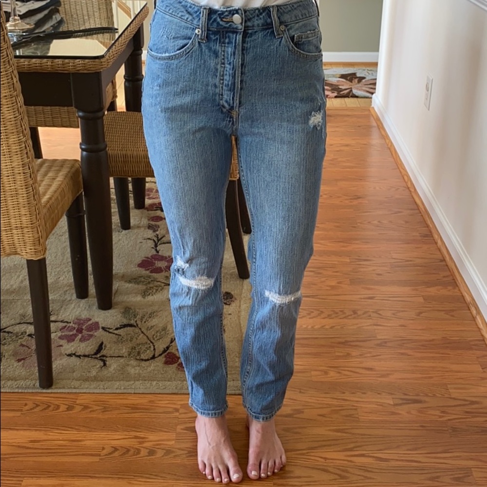H&M, high rise, light wash, ripped jeans